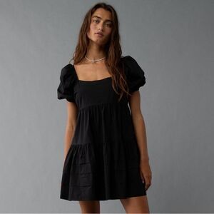 NWT American Eagle Black 100% Cotton Baby Doll Puff Sleeve Tie Back Dress M